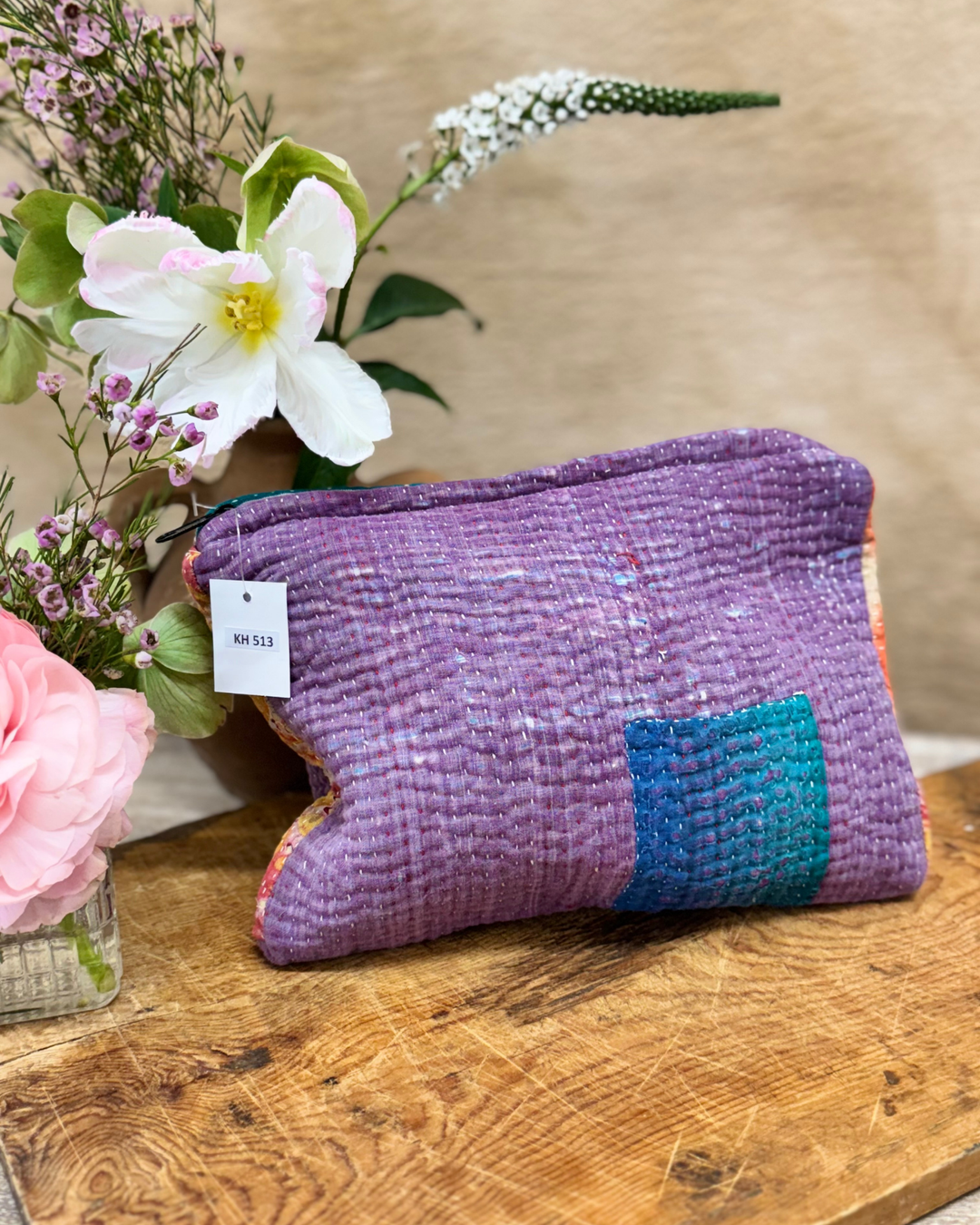 Medium Kantha Sari Wash Bag – Deep Plum with Teal Accent Block
