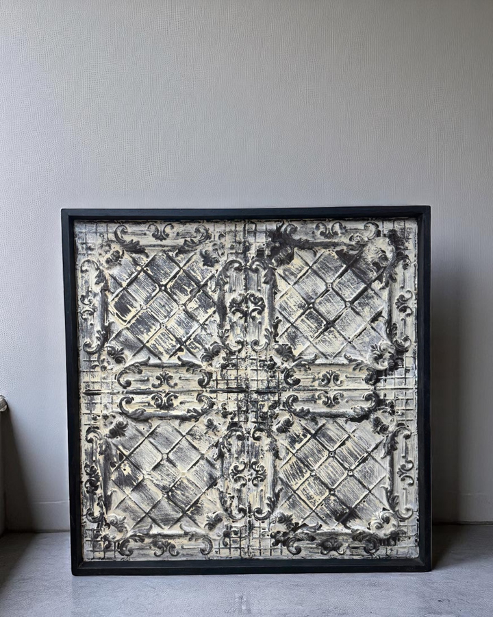 Large Reclaimed Iron Indian Ceiling Tile – Whitewashed Finish with Hand-Engraved Detailing