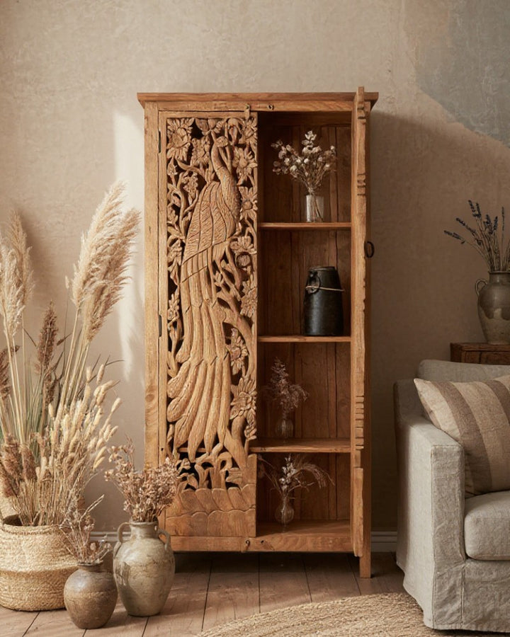Peacock Hand-Carved Mango Wood Armoire Cabinet