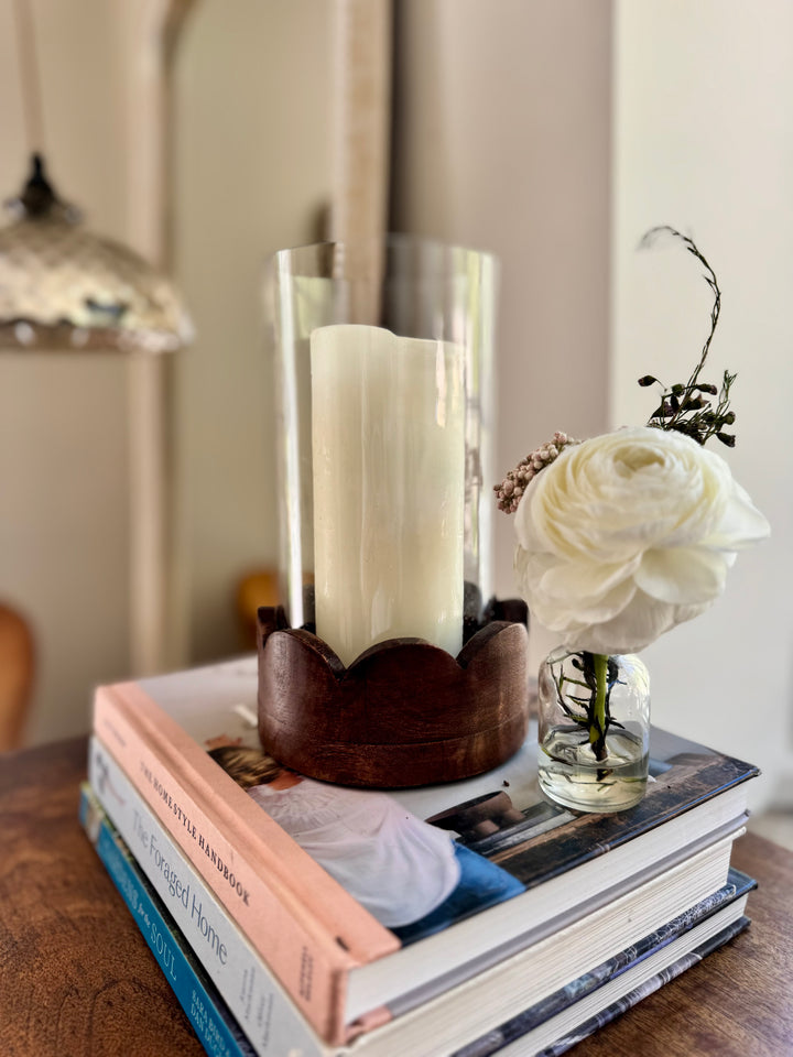 Set of 3 Hurricane Candle Holders – Handcrafted Mango Wood Bases