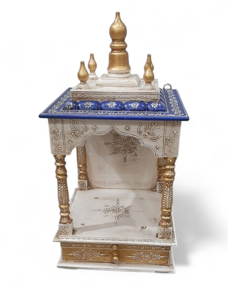 Hand-Painted Wooden Mandir – White & Blue Open Temple Shrine