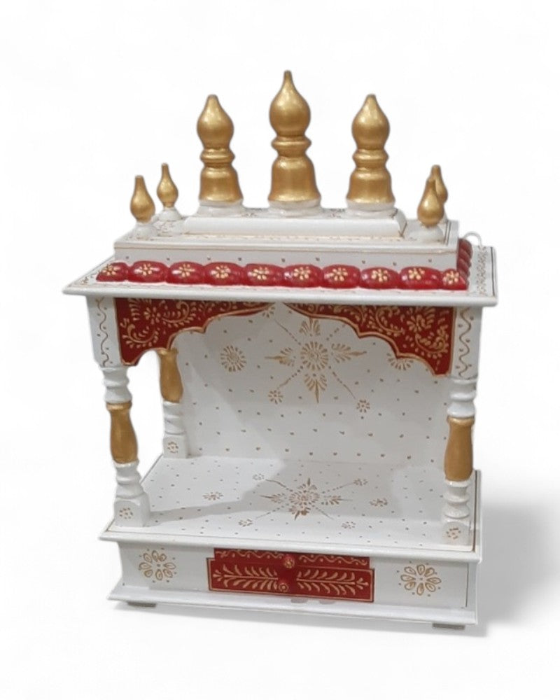 Hand-Painted Wooden Mandir – White & Red Open Temple Shrine