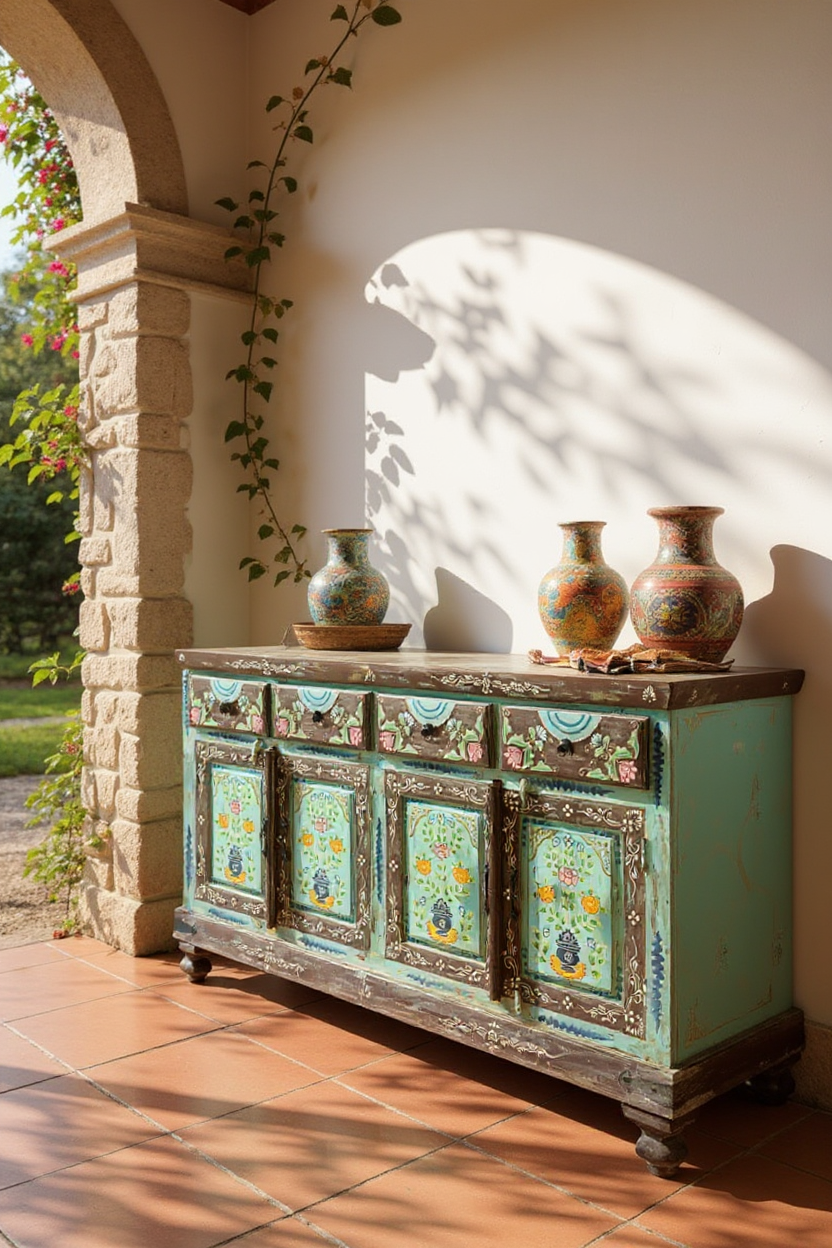 Vintage Hand-Painted Mango Wood Sideboard – 4 Doors, 4 Drawers, Turquoise Finish
