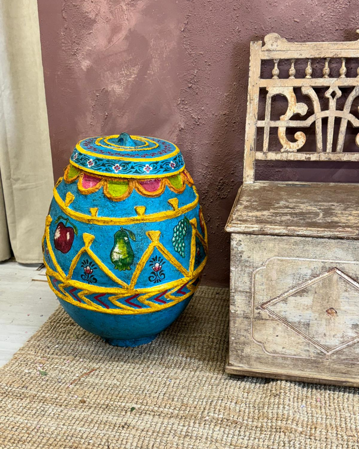 Handcrafted Indian Papier-Mâché Decorative Pot with Lid – Vibrant Floral and Fruit Motif