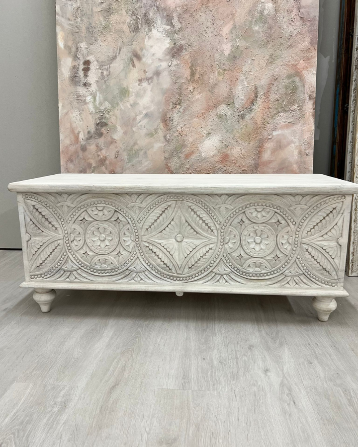 Ornately Carved Mango Wood Storage Box