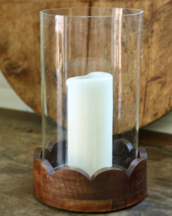 Set of 3 Hurricane Candle Holders – Handcrafted Mango Wood Bases