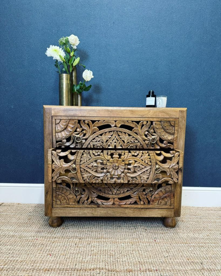 Natural Polished Mango Wood 3 Drawer Chest