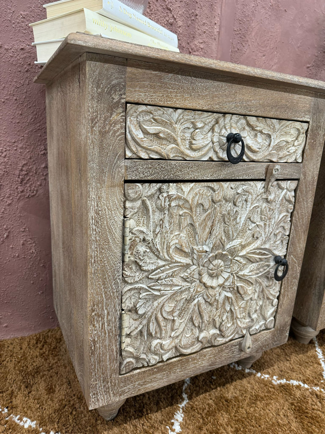 Pair of Hand-Carved Mango Wood Bedside Tables with Floral Patterns