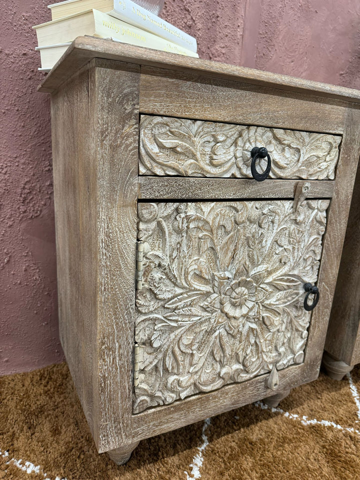 Hand-Carved Sustainable Mango Wood Bedside Tables with Floral Patterns