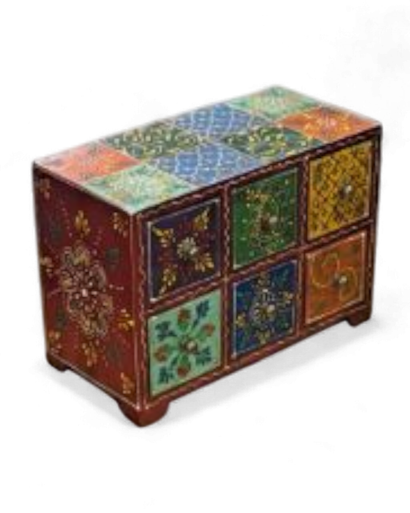 Hand-Painted Mango Wood Jewellery Box – Multi-Drawer Trinket Chest with Traditional Indian Motifs