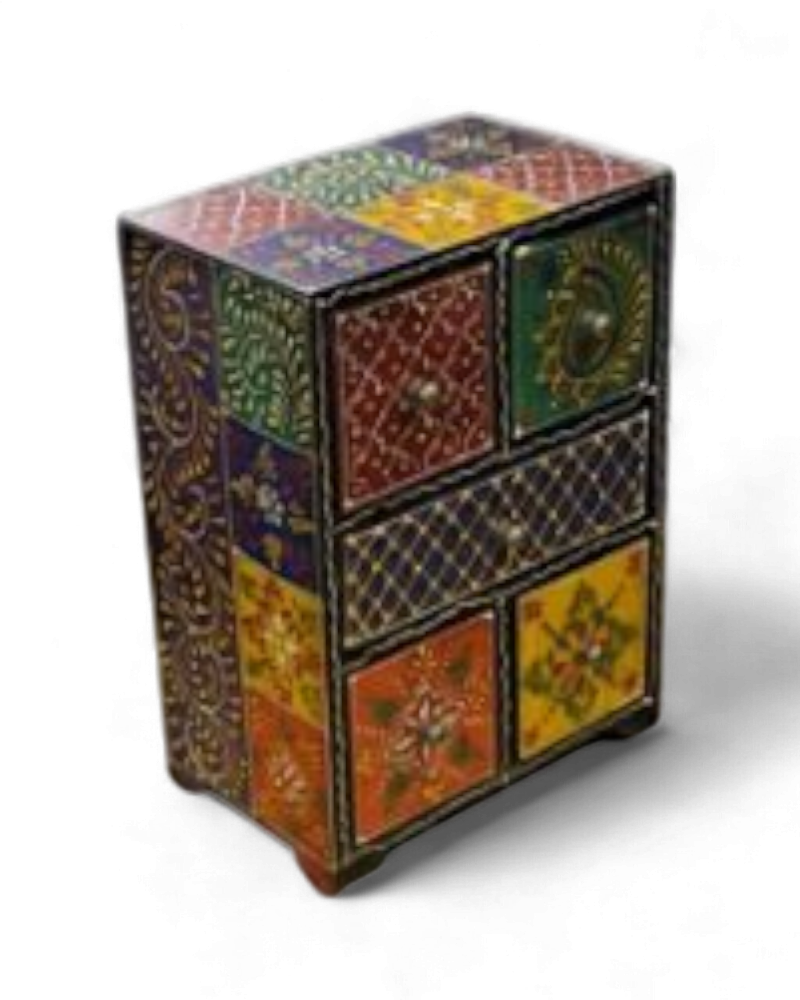 Tall Mango Wood Jewellery Chest – Hand-Painted Multi-Drawer Trinket Cabinet