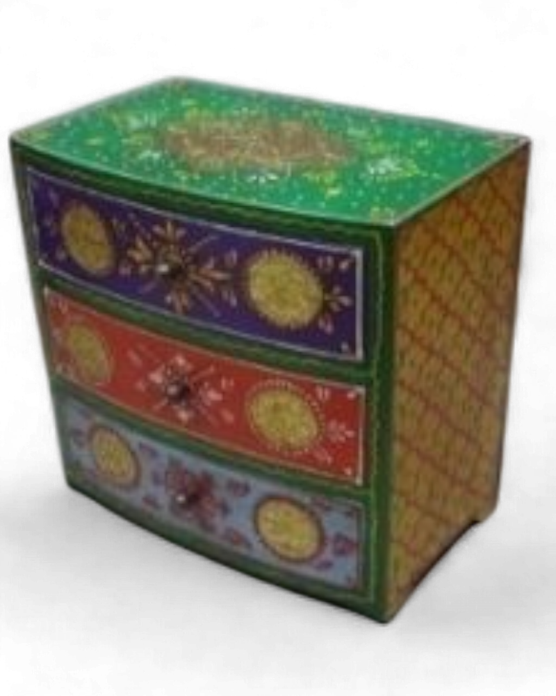 Hand-Painted Mango Wood Jewellery Chest – 3 Drawer Curved Trinket Box