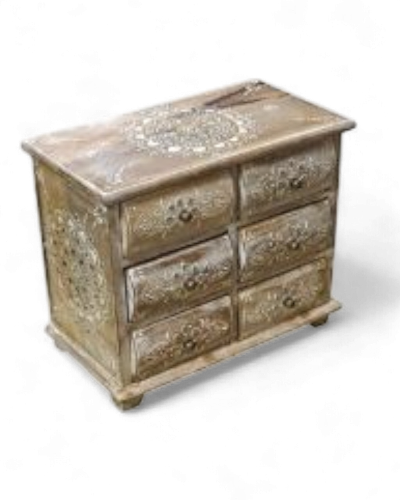 Hand-Carved Mango Wood Jewellery Chest – 6 Drawer Box in Whitewashed Finish