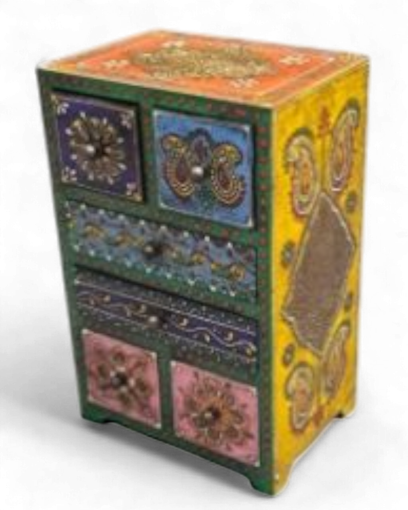 Hand-Painted Mango Wood Jewellery Box – 6 Drawer Tall Trinket Cabinet