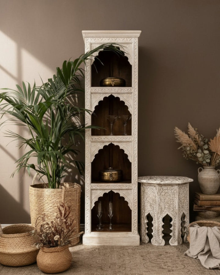 Hand-Carved Mango Wood Bookcase – Whitewashed Finish with Four Arched Display Shelves