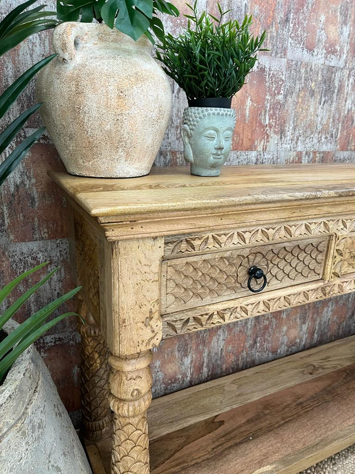 Hand Carved 3 Drawer Mango Wood Console Table