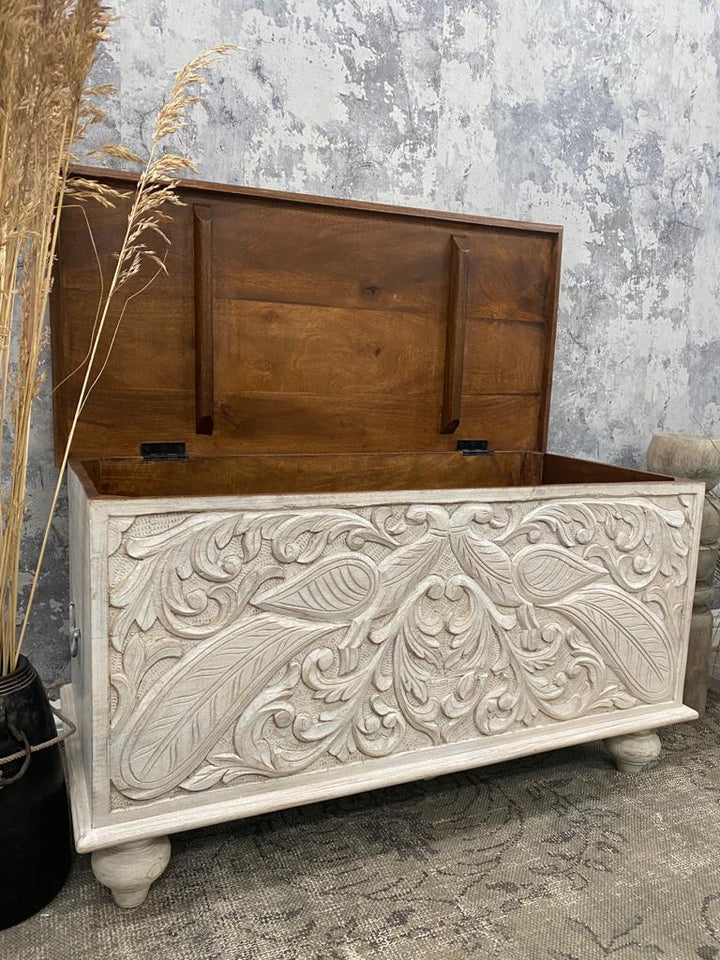 Mango Wood Storage Box with Peacock Carvings