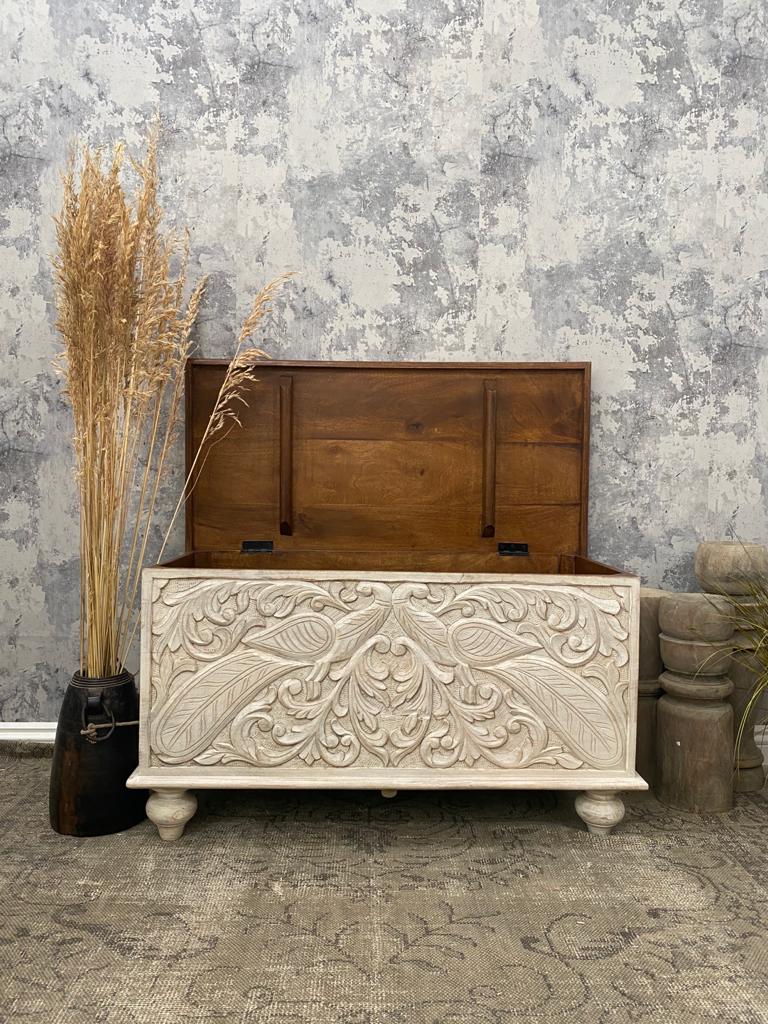Mango Wood Storage Box with Peacock Carvings