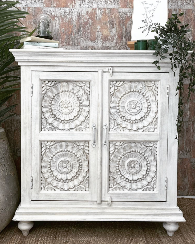 Hand Carved Whitewashed Mango Wood Sideboard