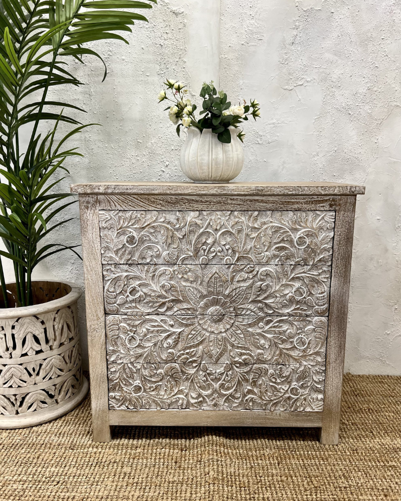 Ornate Hand Carved Indian Mango Wood 4 Drawer Chest of Drawers with Floral Detailing