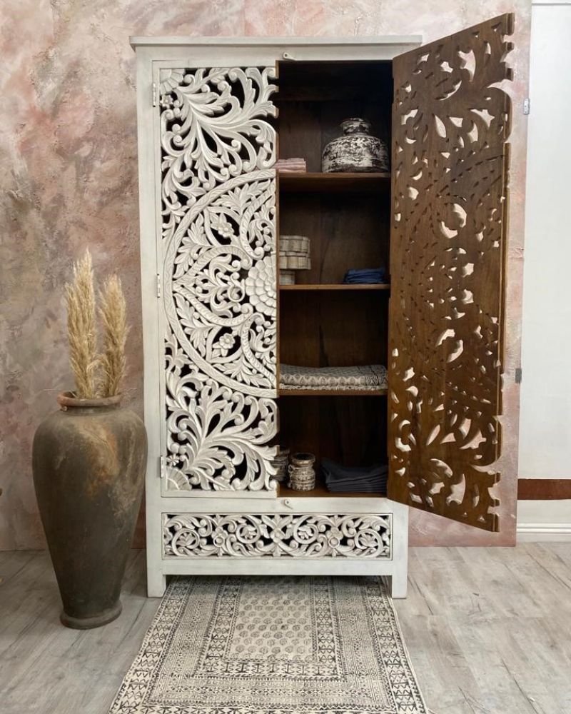 Ornately Hand Carved Indian Mango Wood Armoire storage unit, white