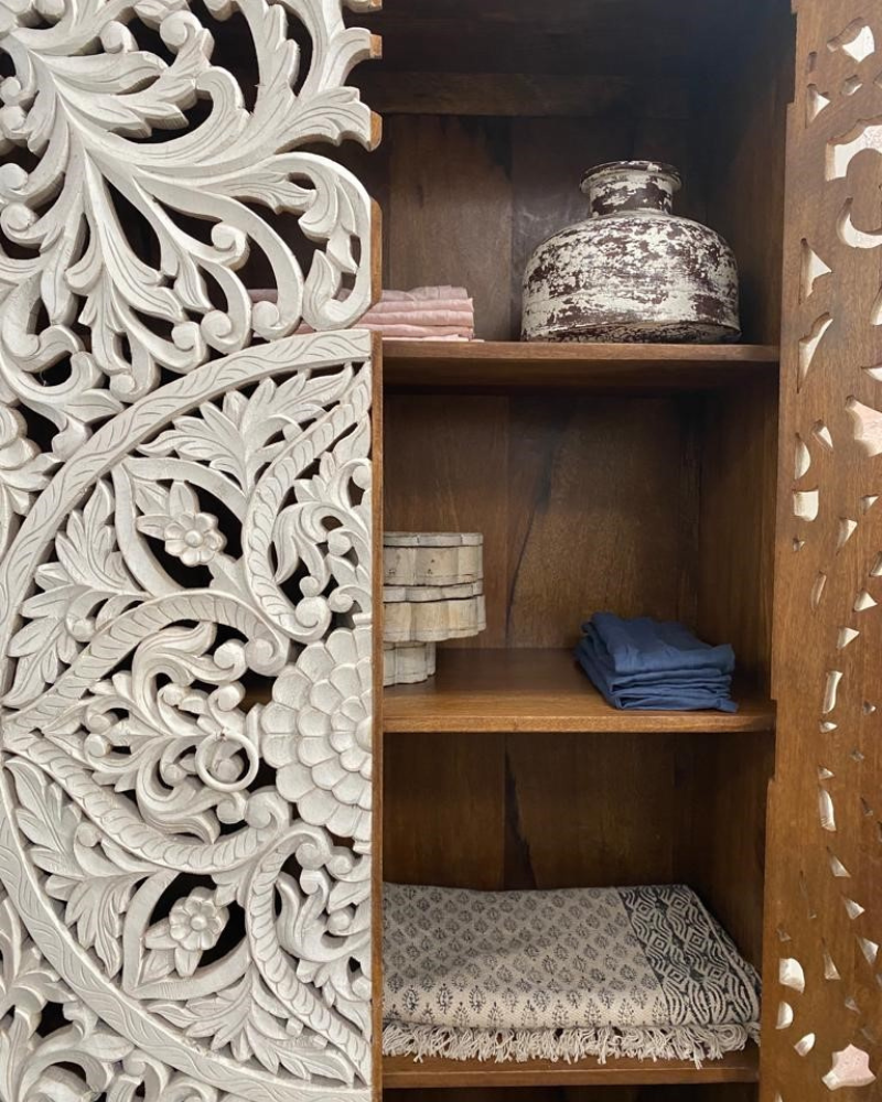 Ornately Hand Carved Indian Mango Wood Armoire storage unit, white
