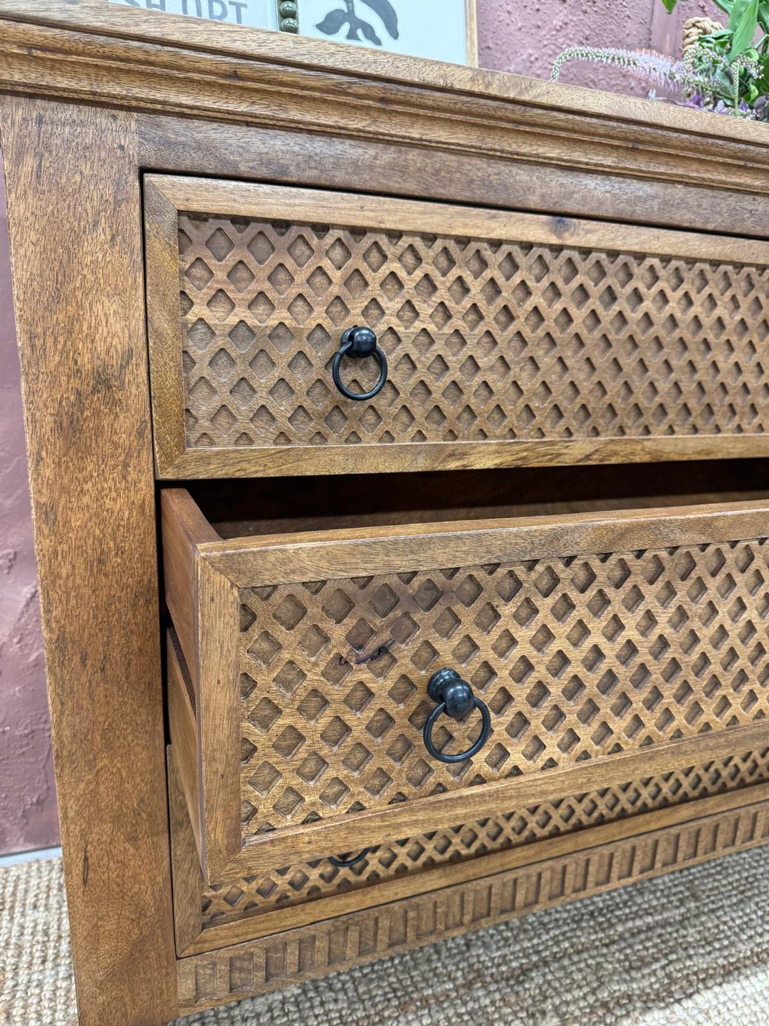 Handcrafted Carved Mango Wood Chest of Drawers