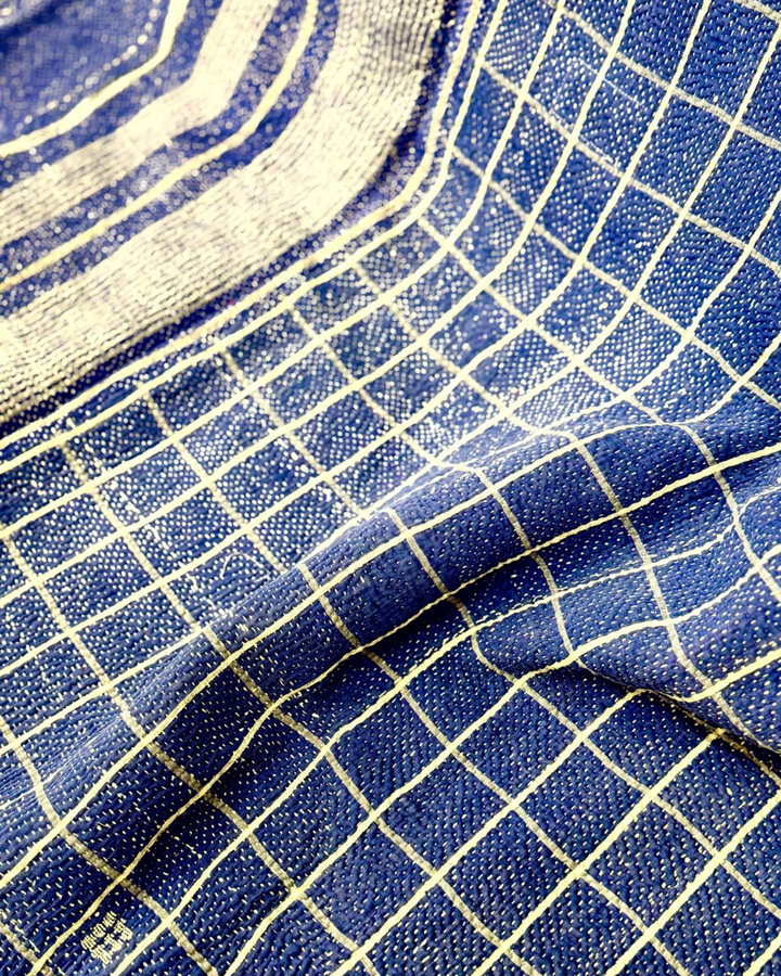 Vintage Hand-Embroidered Kantha Throw – Deep Red & Navy Sari with Windowpane Stitching