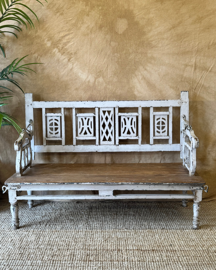 Vintage Reclaimed Teak Swing Bench – Hand-Carved with Whitewashed Rotating Backrest