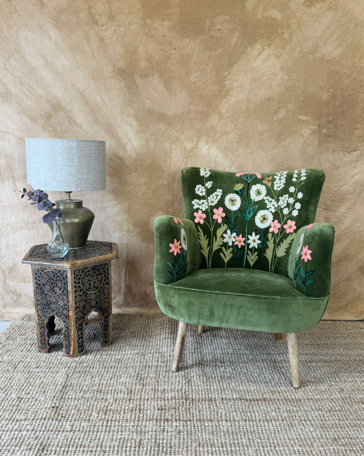 Green Velvet Hand-Embroidered Wingback Armchair