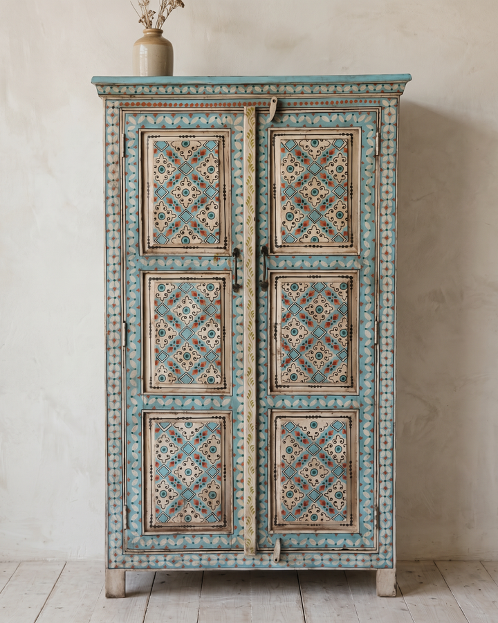 Hand-Painted Blue Mango Wood Armoire – Hand-Carved Double Door Wardrobe