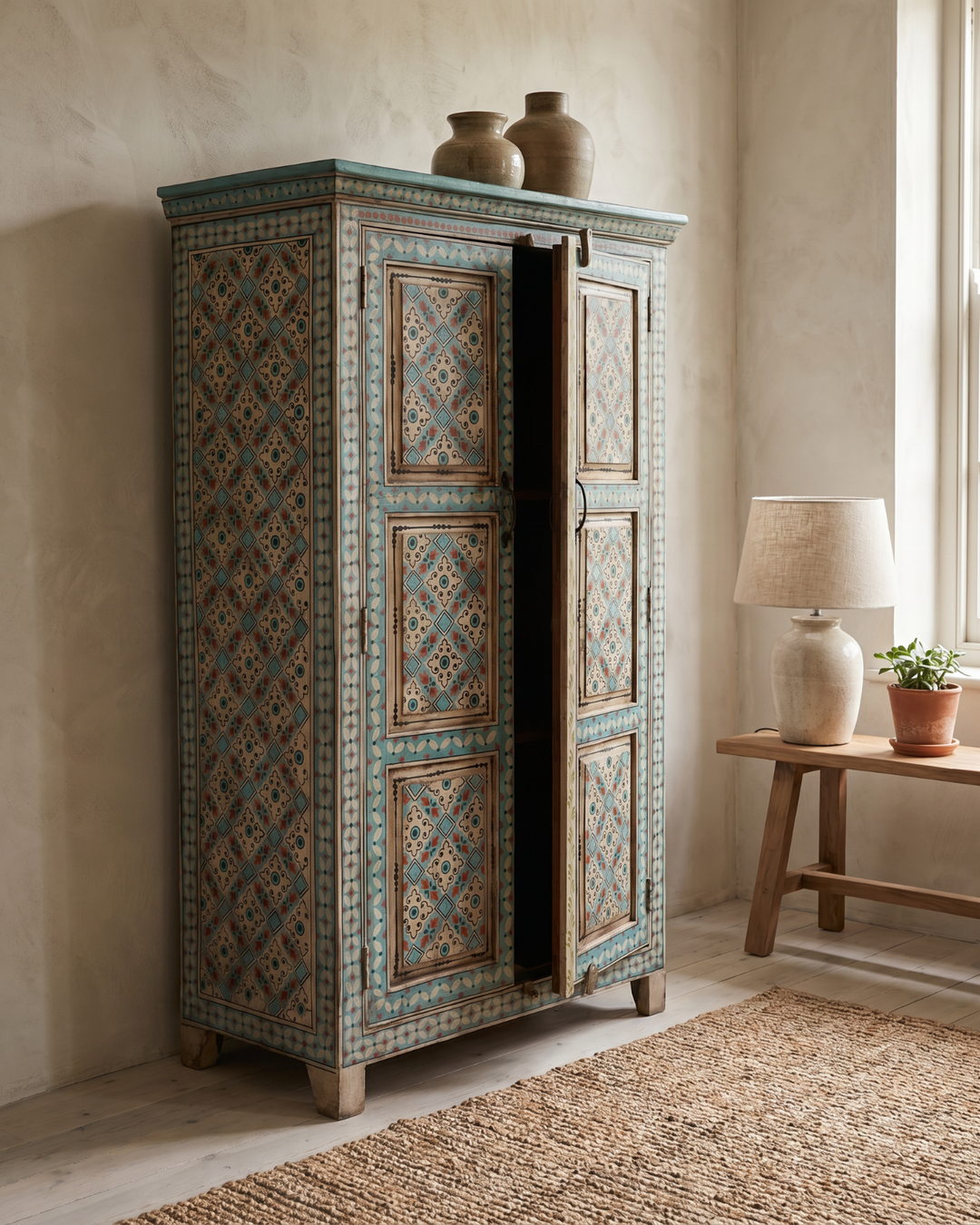 Hand-Painted Blue Mango Wood Armoire – Hand-Carved Double Door Wardrobe