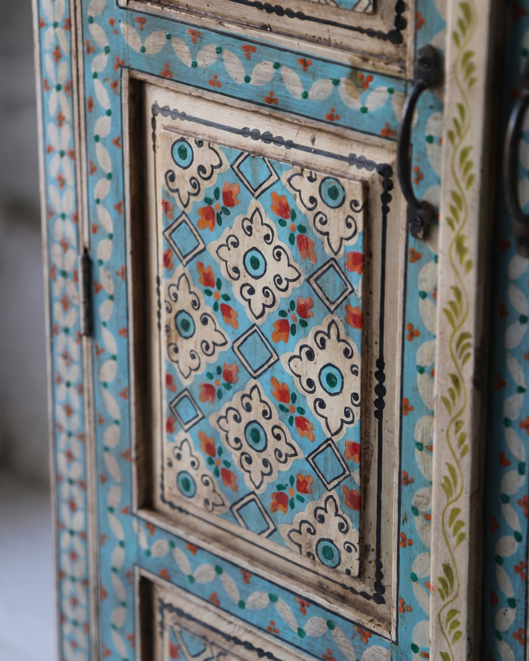 Hand-Painted Blue Mango Wood Armoire – Hand-Carved Double Door Wardrobe