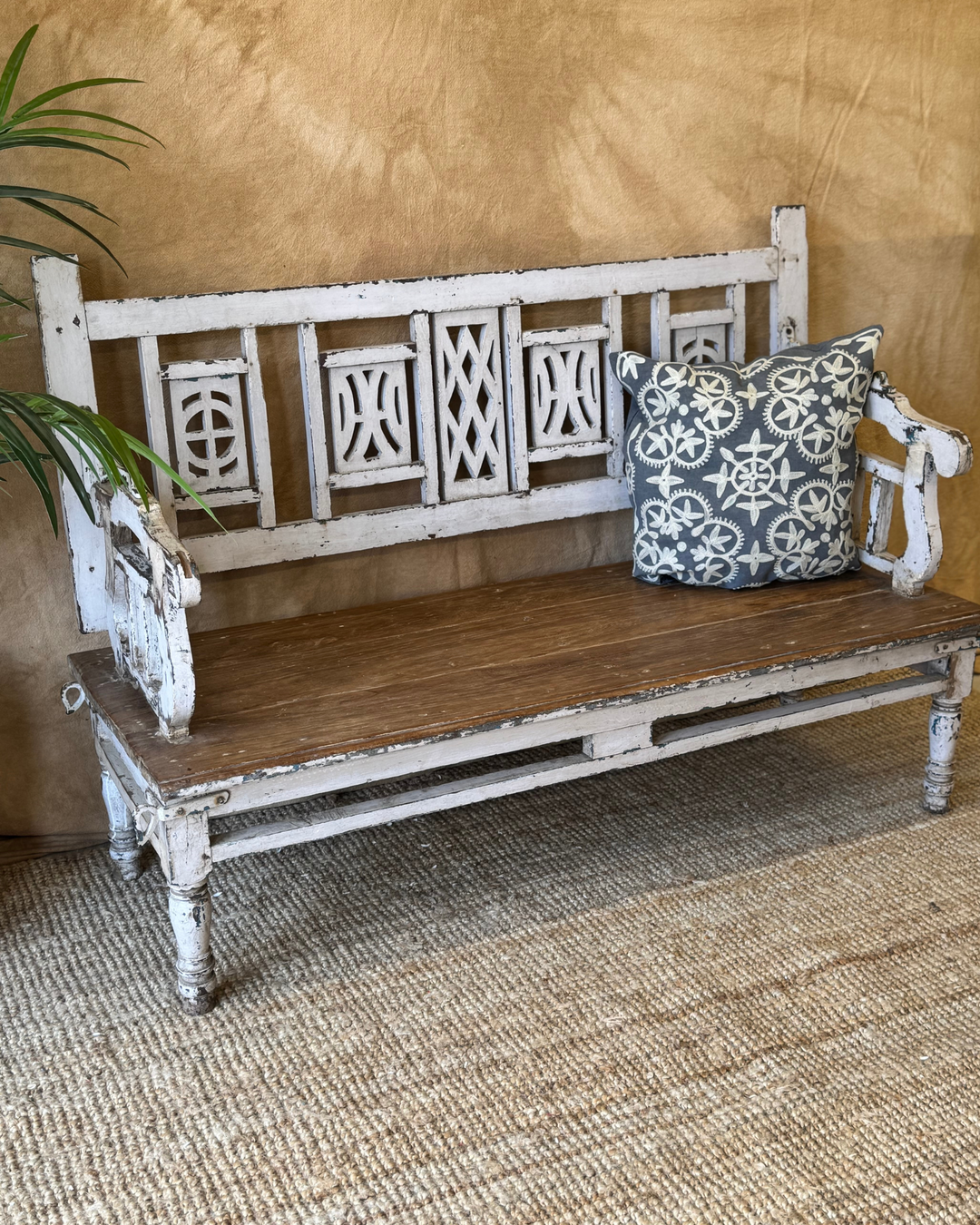 Vintage Reclaimed Teak Swing Bench – Hand-Carved with Whitewashed Rotating Backrest