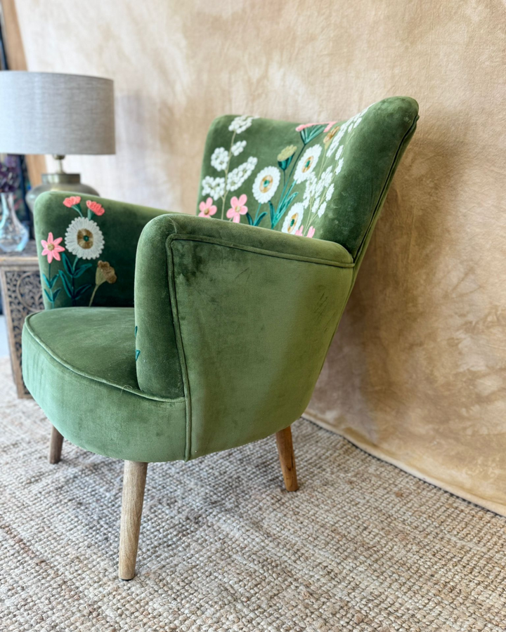 Green Velvet Hand-Embroidered Wingback Armchair