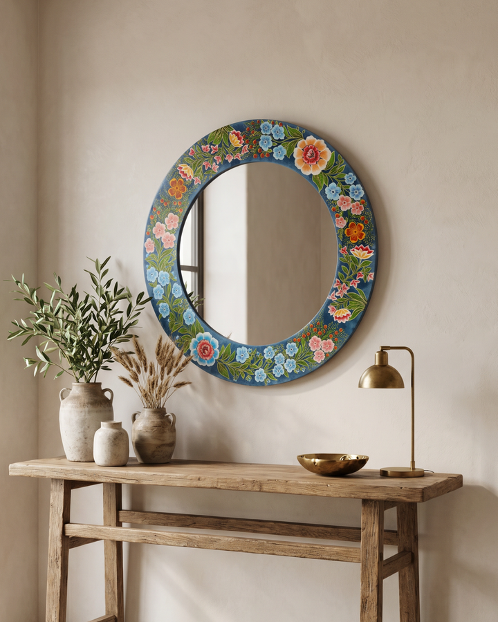 Hand-Painted Floral Mango Wood Circular Mirror