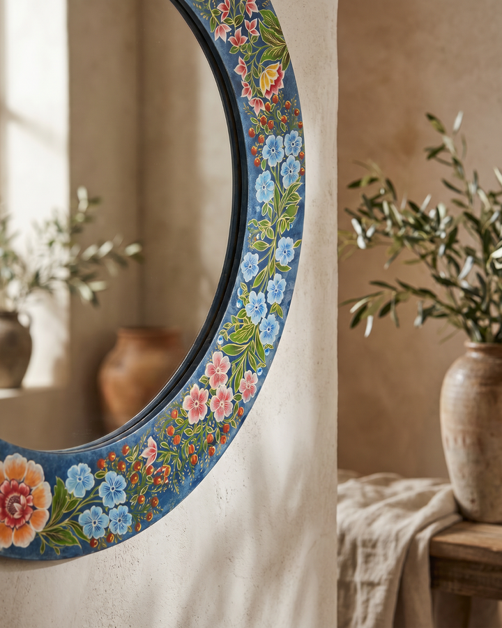 Hand-Painted Floral Mango Wood Circular Mirror