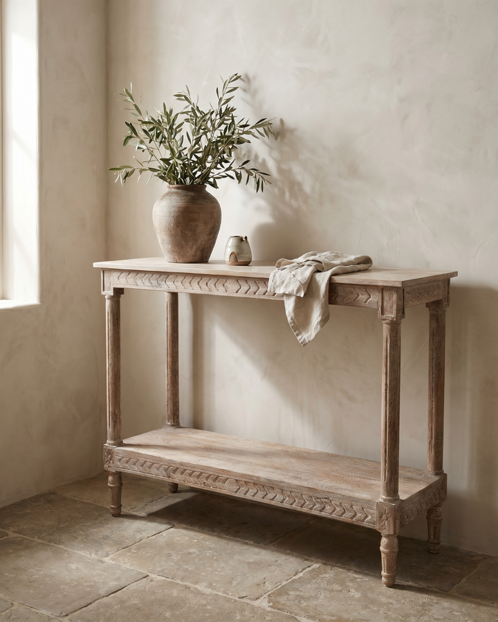 Hand-Carved Mango Wood Console Table – Sandblasted Creamwash Finish