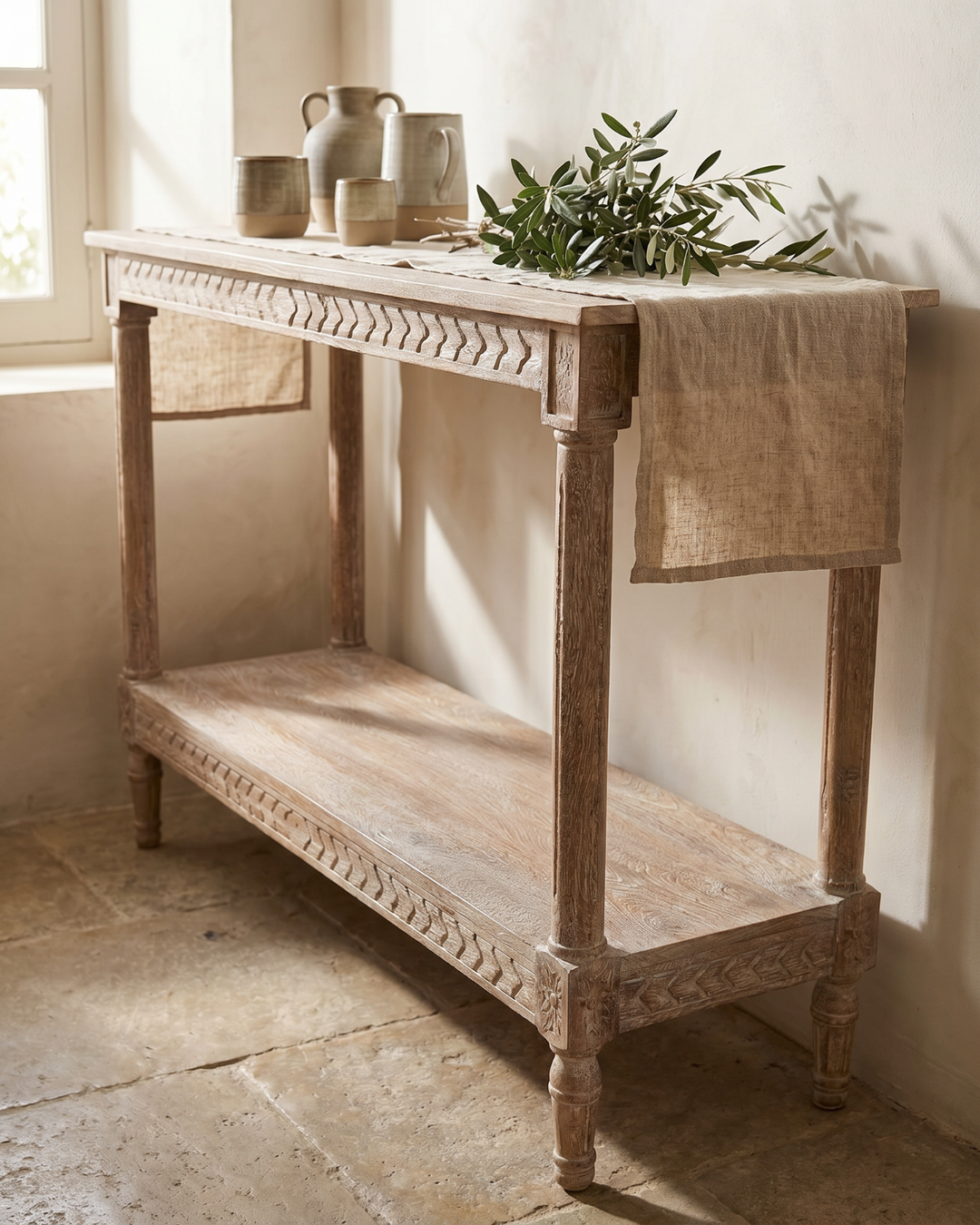Hand-Carved Mango Wood Console Table – Sandblasted Creamwash Finish