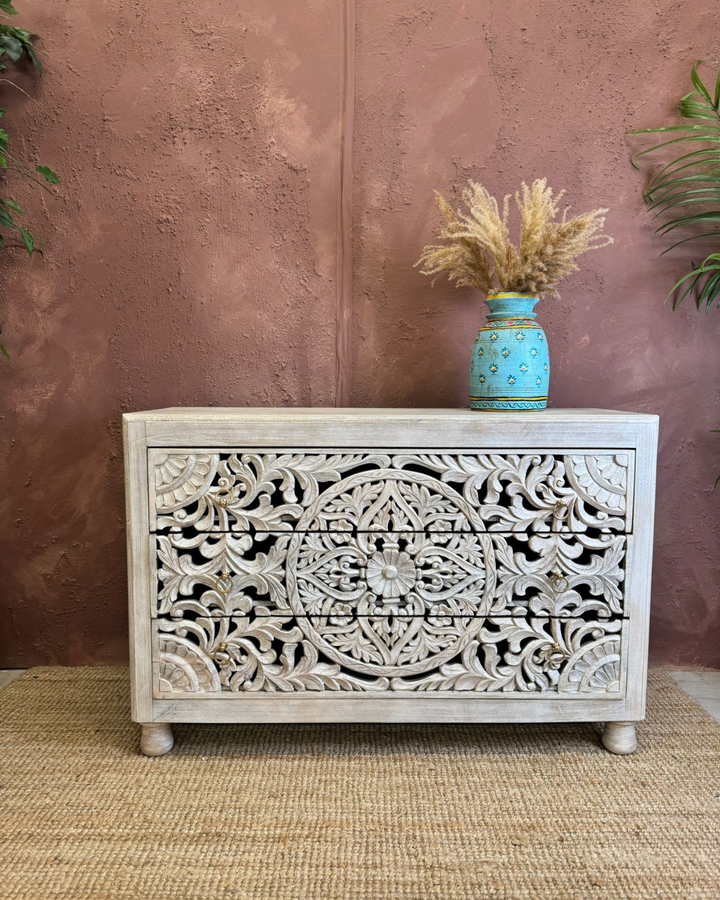 Hand-Carved Mango Wood 3-Drawer Chest of Drawers – Whitewashed Finish