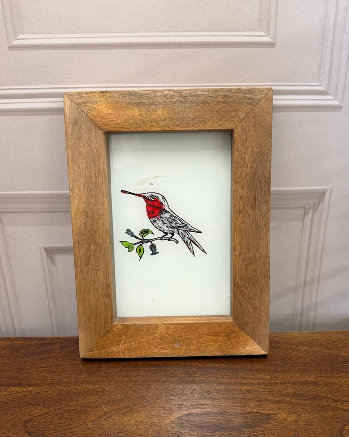 Hand-Painted Indian Bird Artwork – Reclaimed Mango Wood Framed Oil Painting (22 x 29 cm)