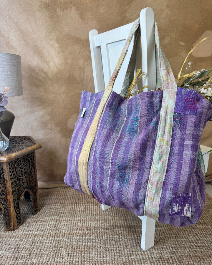 Handmade Upcycled Sari Tote Bag – Purple Stripe | Multi-Purpose Everyday & Beach Bag