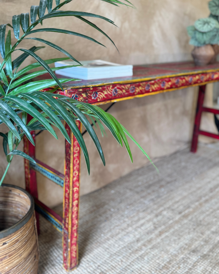 Vintage Hand-Painted Trestle Console Table – Red Floral Design