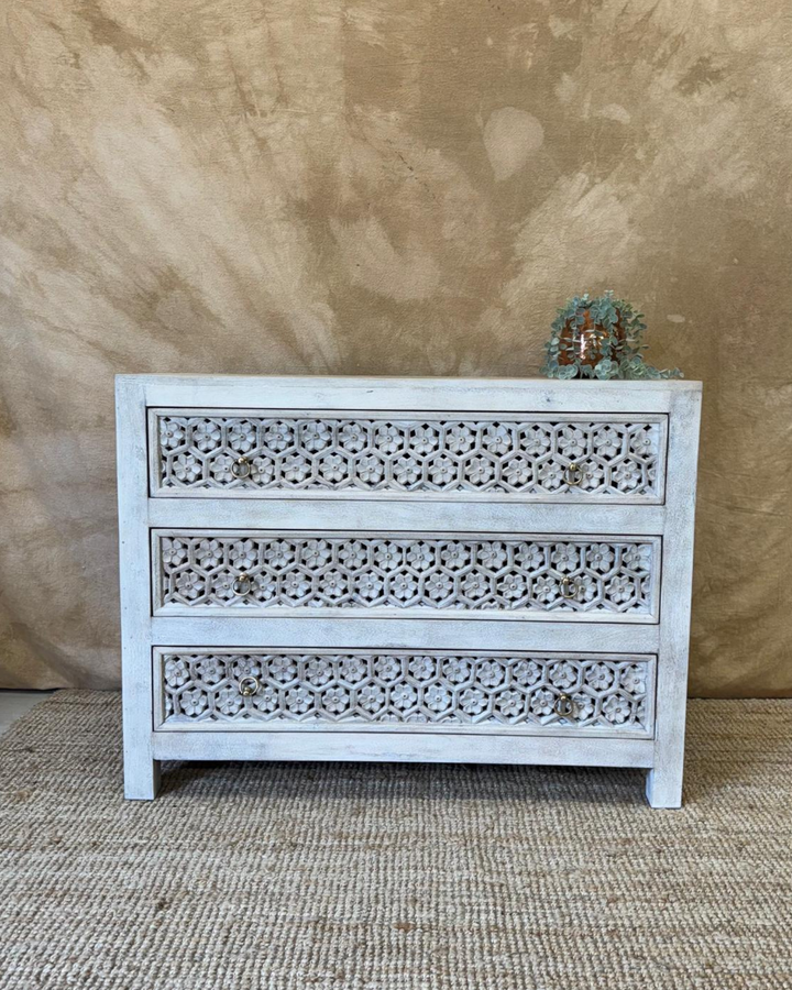 Hand-Carved Mango Wood Three Drawer Chest – Jali Design in Creamwash Finish