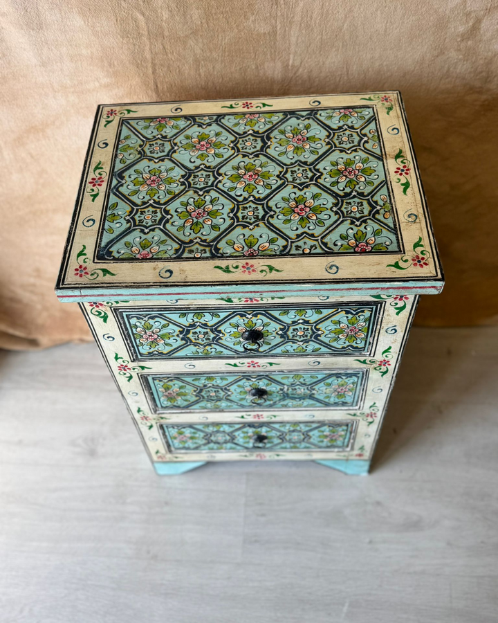 Hand-Painted Mango Wood Bedside Table – Blue Floral Design with Angled Legs