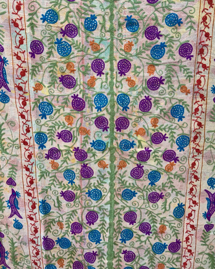 Vintage Hand-Embroidered Kantha Throw – Soft Pastel Sari with Botanical Stitchwork