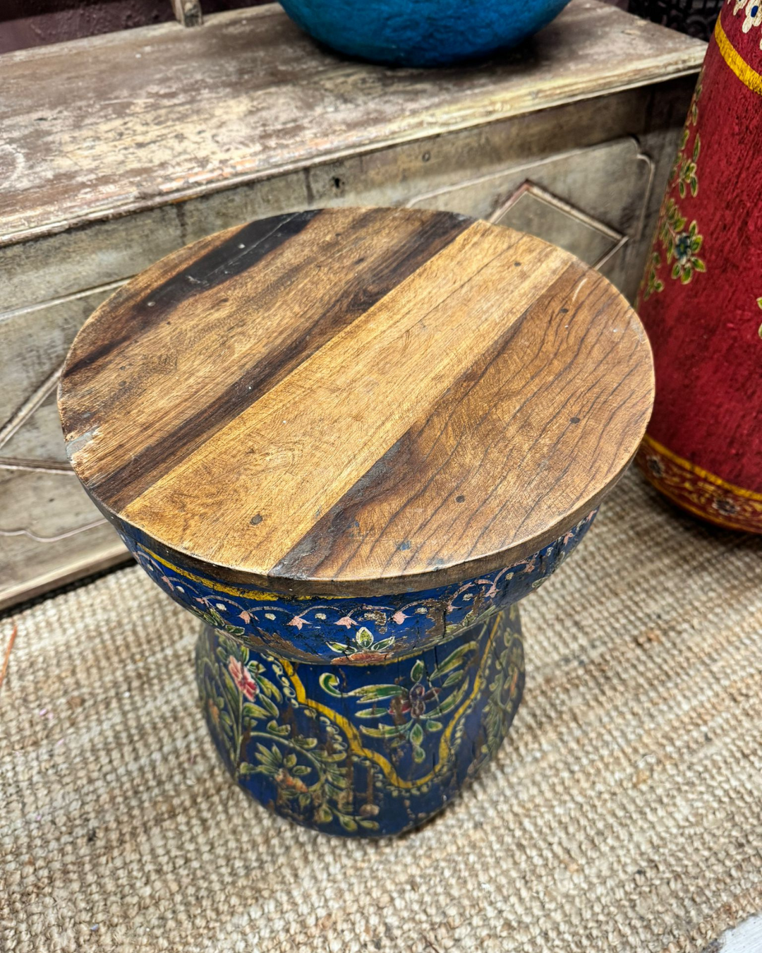 Vintage Hand-Painted Reclaimed Wooden Side Table – One-of-a-Kind Indian Design