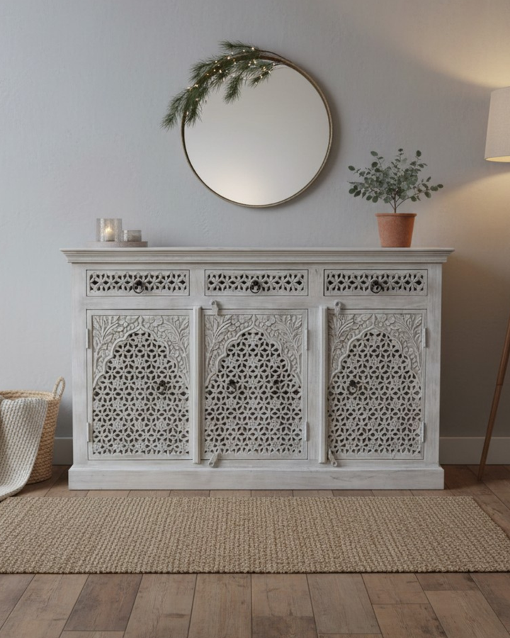 Three Door Three Drawer Mango Wood Sideboard – Creamwashed Jali Design