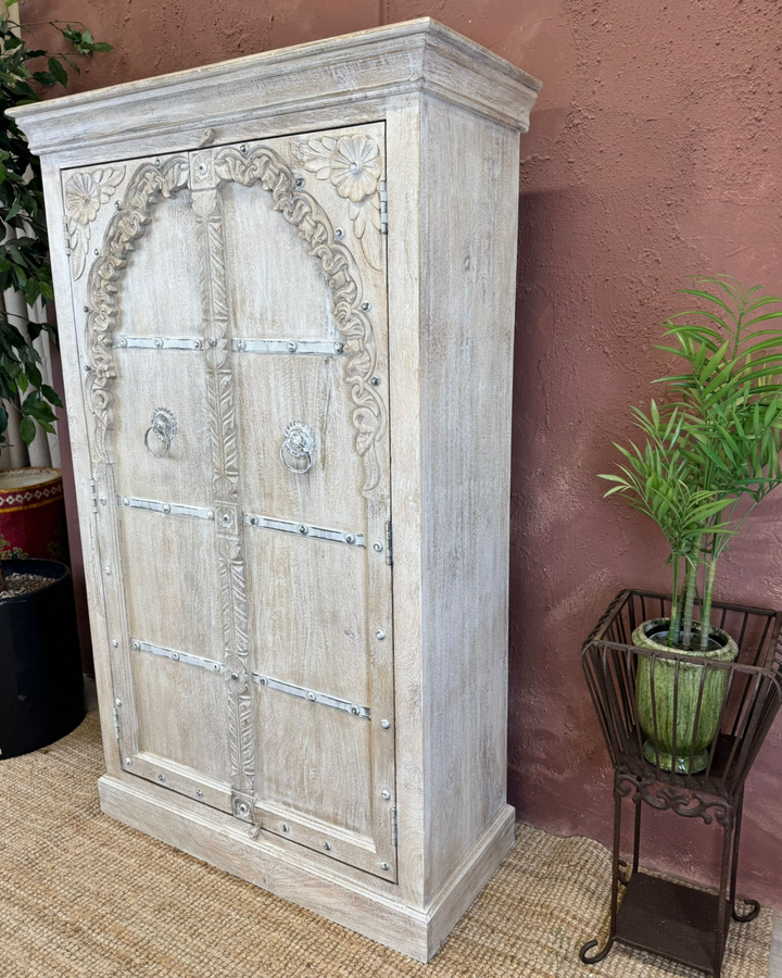 Hand-Carved Mango Wood 2-Door Armoire with Whitewashed Arch Design