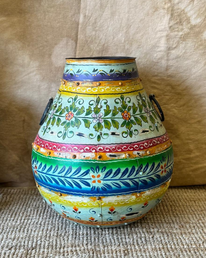 Hand-Painted Iron Pot – Turquoise Floral Design
